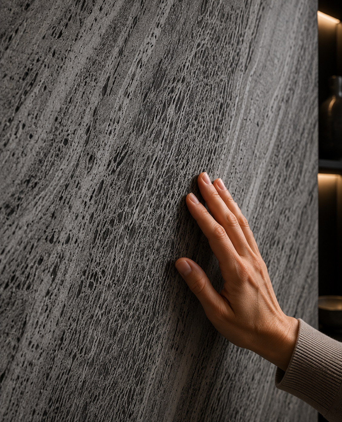 STONEVIA™ Volcanic Cavern | Dark Travertine Effect Surface