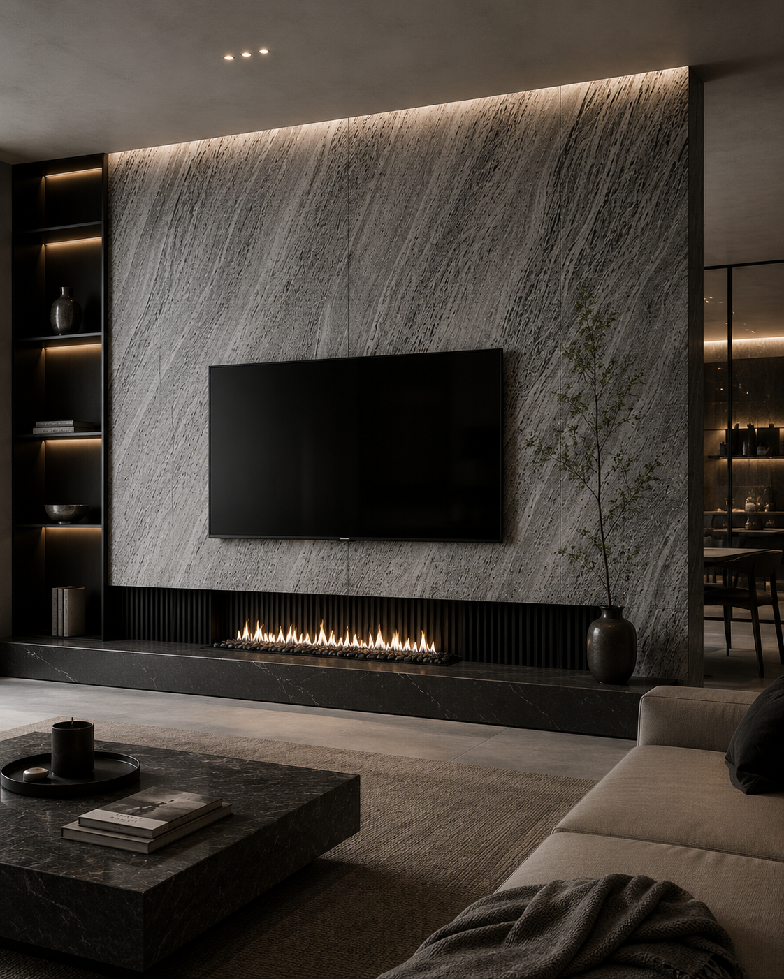 STONEVIA™ Volcanic Cavern | Dark Travertine Effect Surface