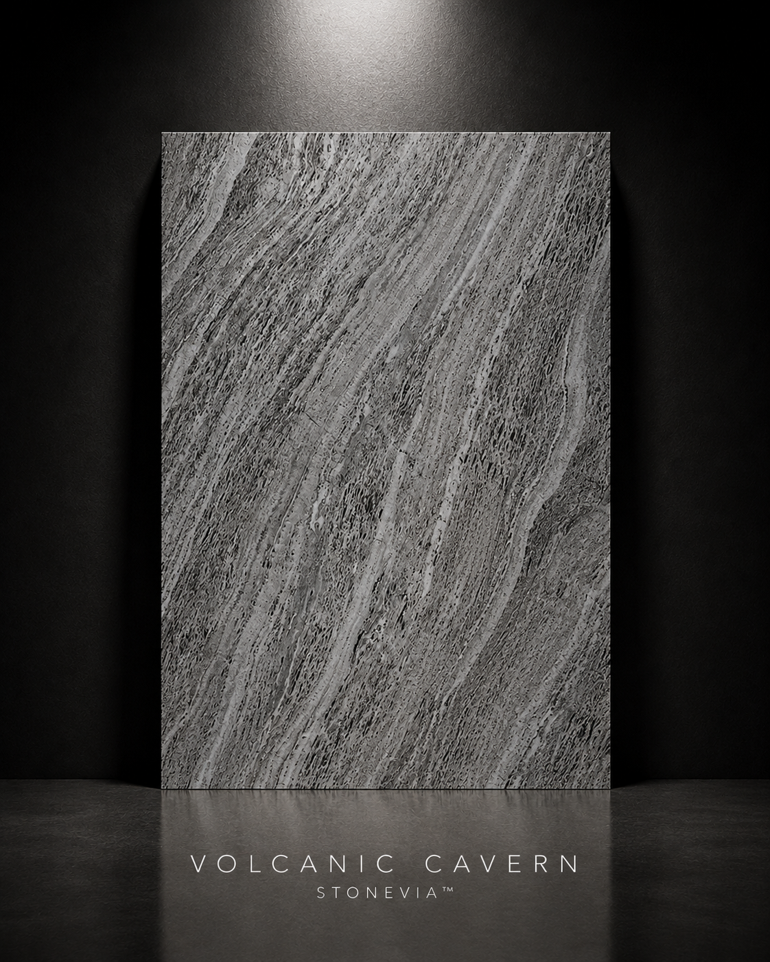 STONEVIA™ Volcanic Cavern | Dark Travertine Effect Surface